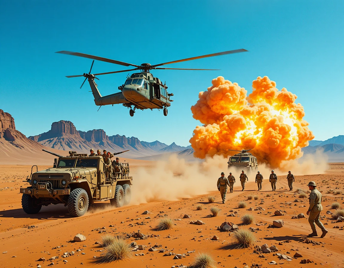 Attack helicopter over a desert battlefield with advancing troops and explosions