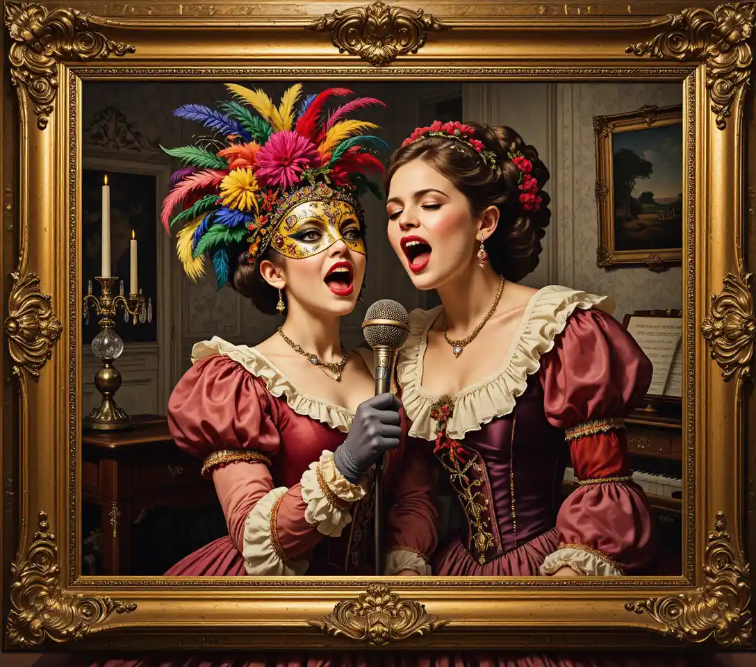 A masked girl and woman sing together in an ornate baroque portrait