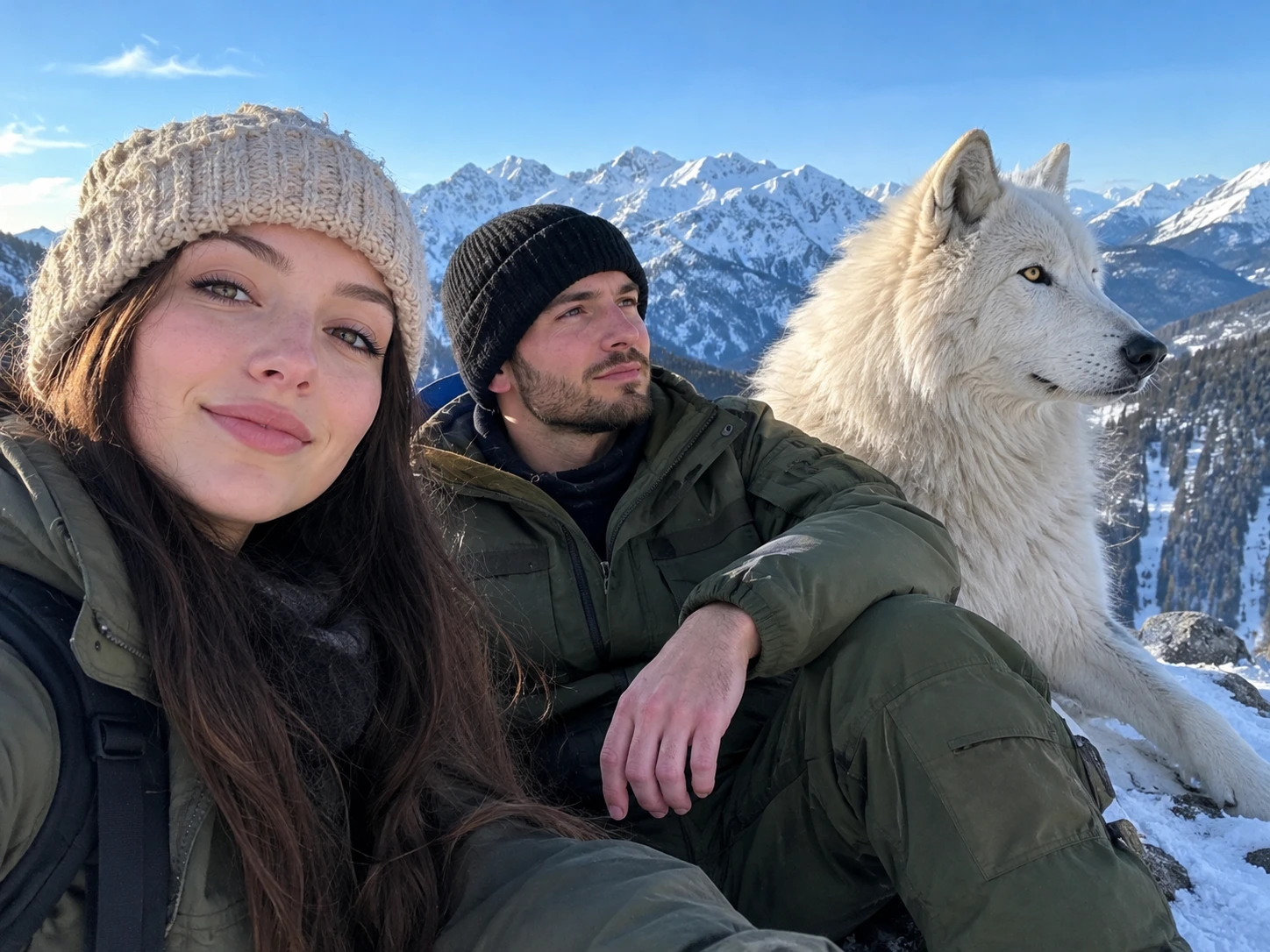 Um homem sentado ao lado de um lobo branco numa crista montanhosa coberta de neve