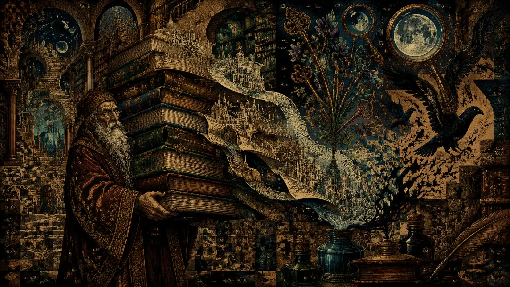 Un bibliotecario antico porta libri imponenti che si dispiegano in città