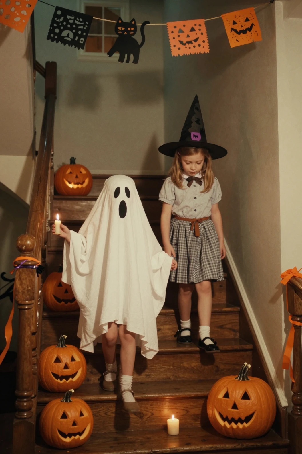 Costumed children climb a staircase in a nostalgic Halloween scene