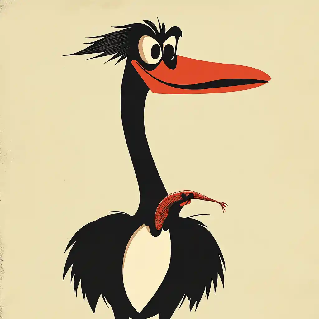Un pájaro de dibujos animados engreído sostiene media lombriz frente a un cartel oscuro