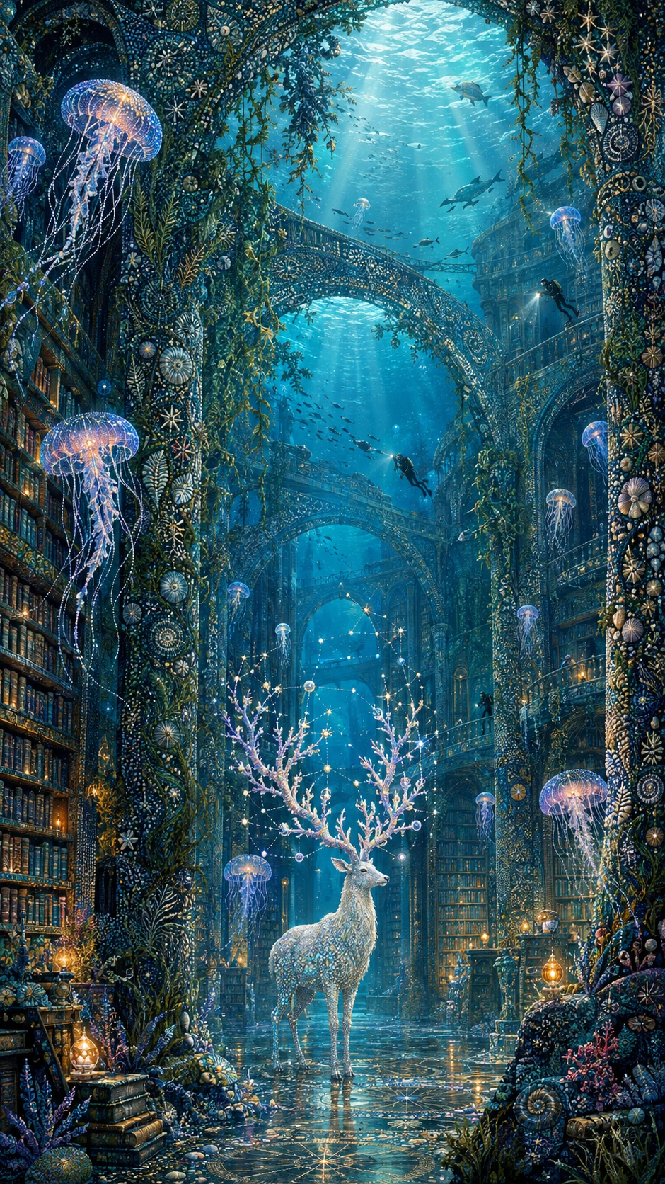 Uma biblioteca fantástica submersa abriga um cervo branco sob um lago cristalino