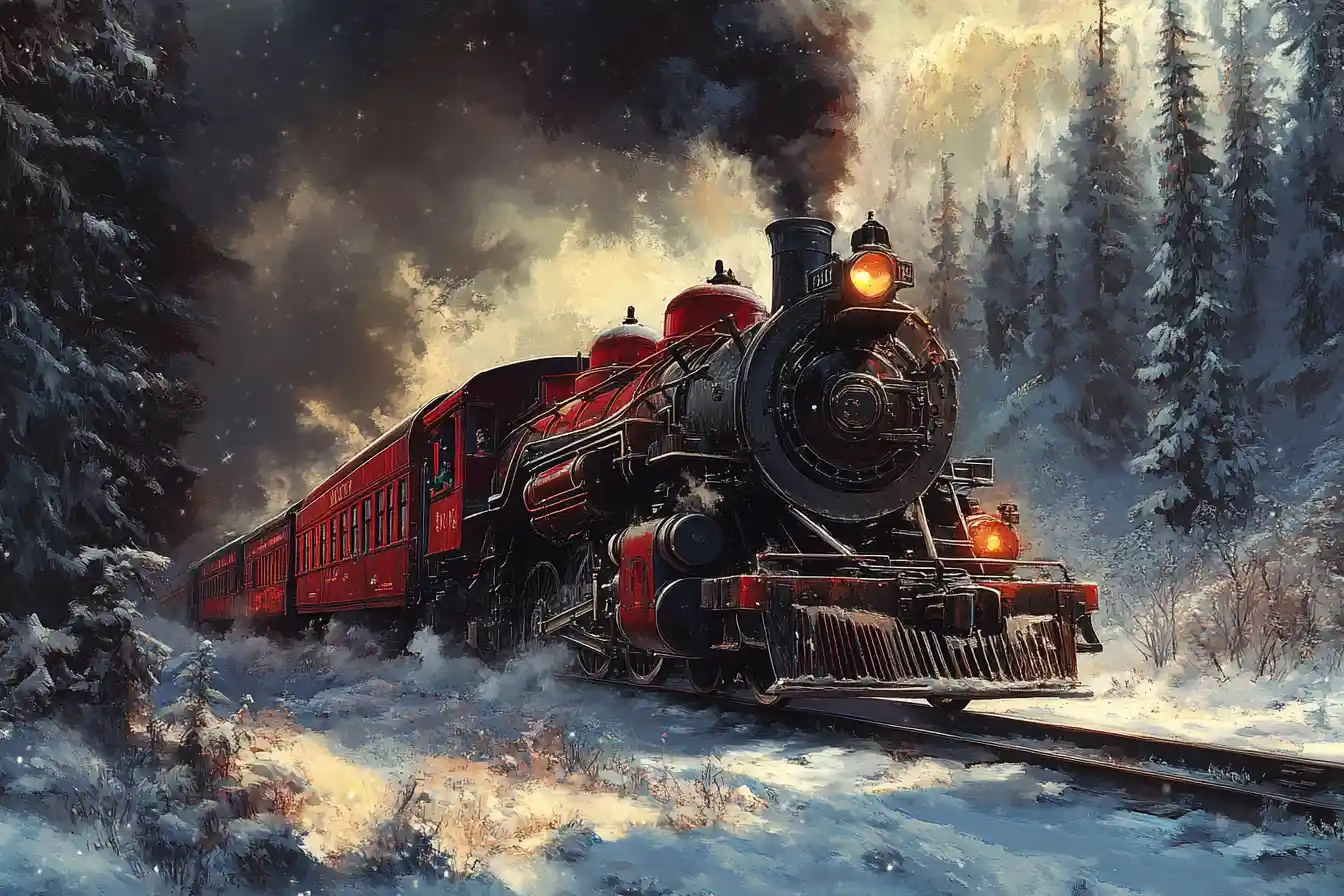 Um trem gótico carmesim desliza por uma floresta de inverno