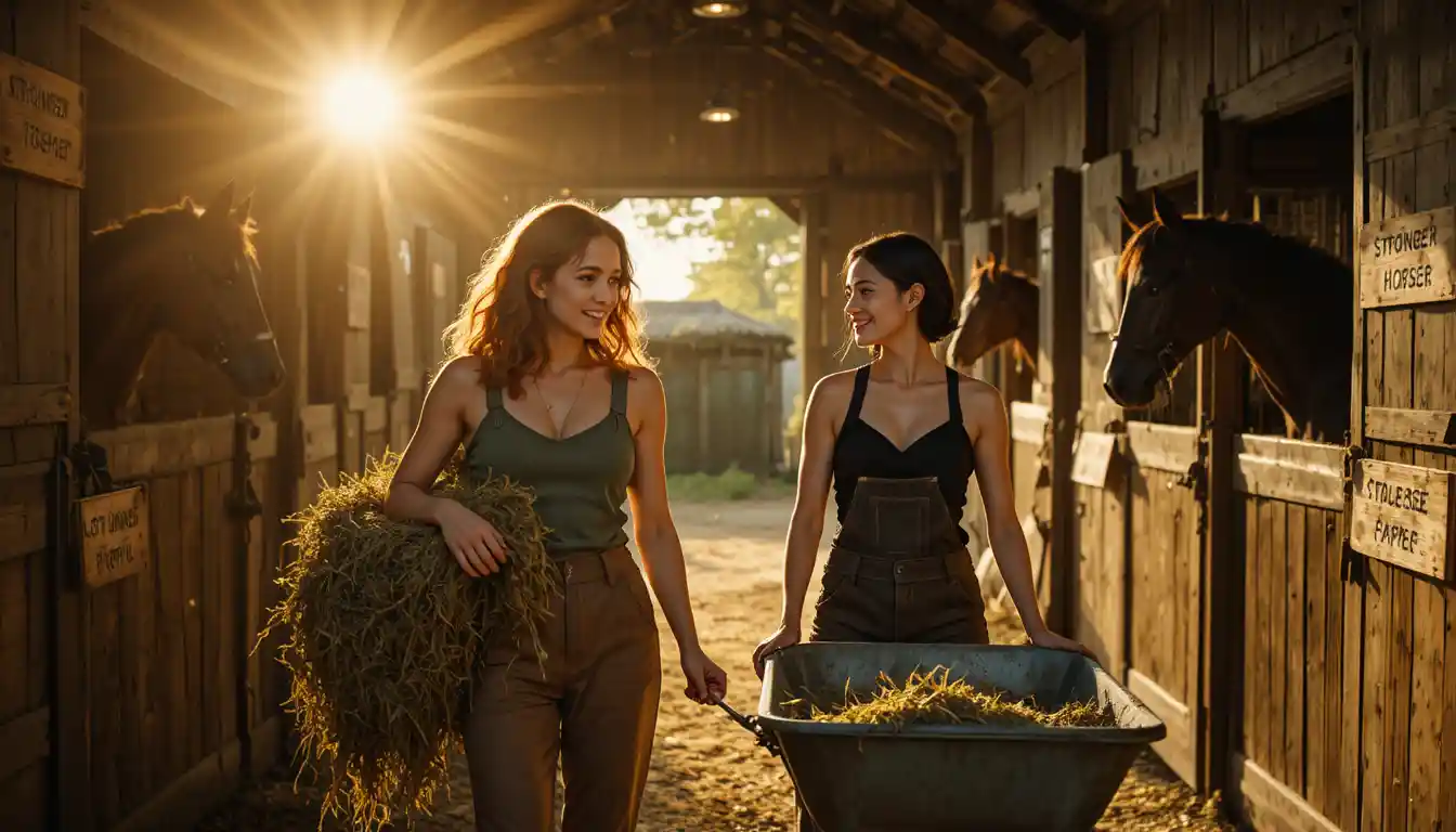 Two young women work together in a rustic horse barn