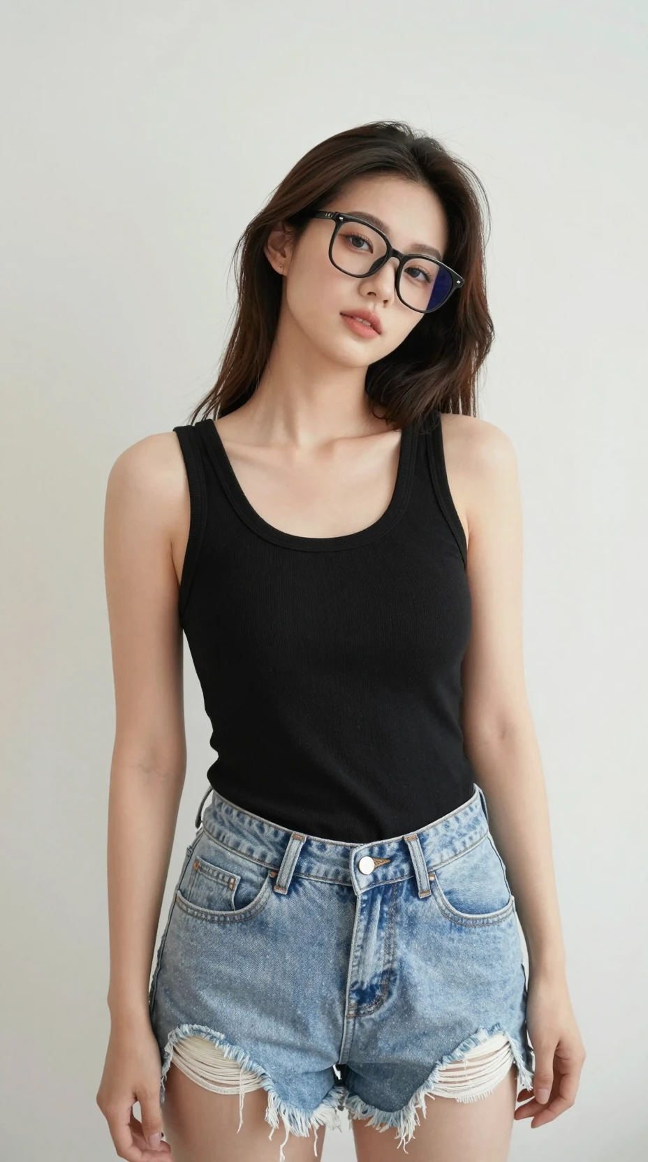 Uma mulher estilosa com óculos pretos e shorts jeans diante de um fundo clean
