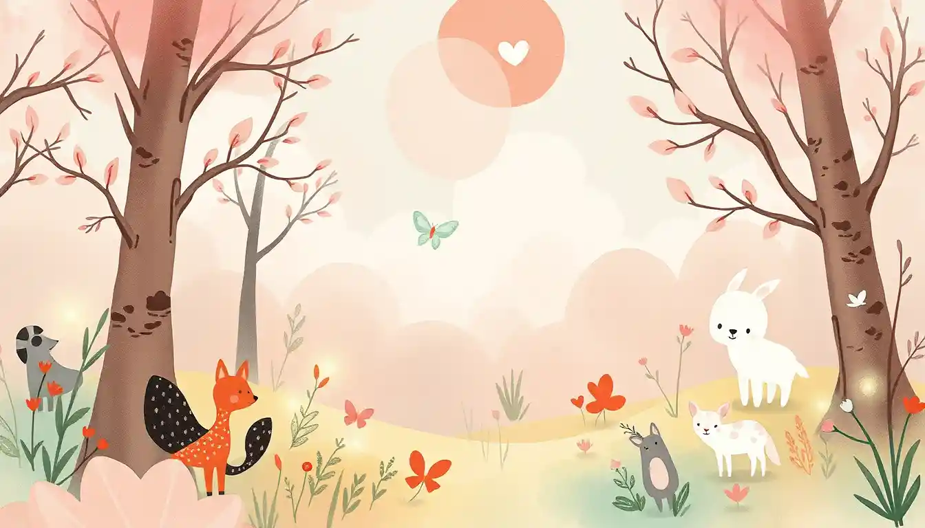 光るホタルと愛らしい動物たちが描かれたパステルカラーの森