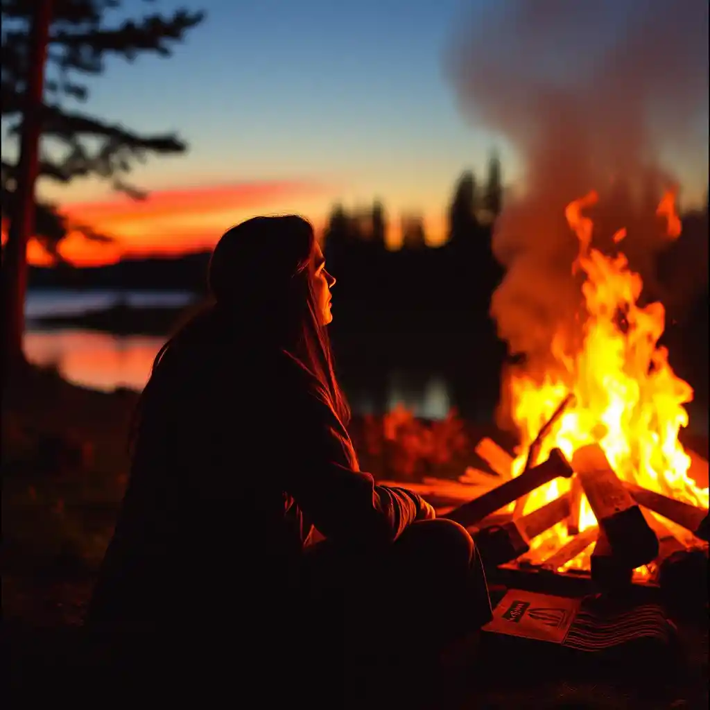 A watcher gazes at a fire burning beside the water