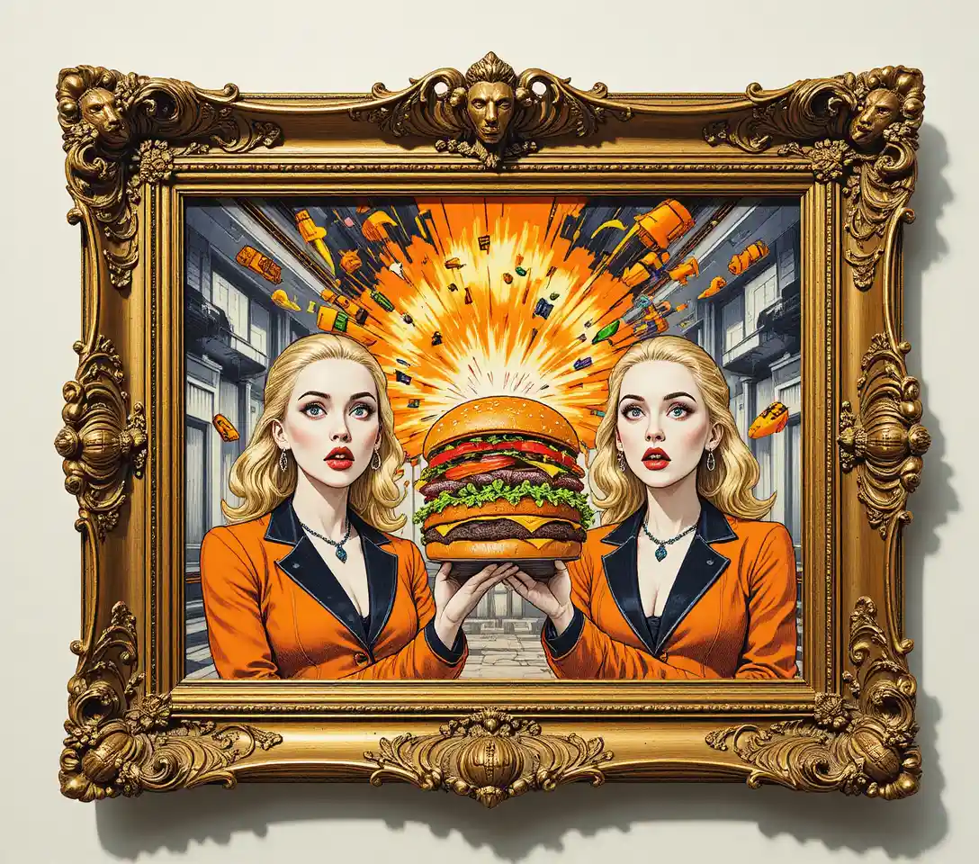 Mujeres rubias asombradas y una hamburguesa gigantesca en medio de una explosión