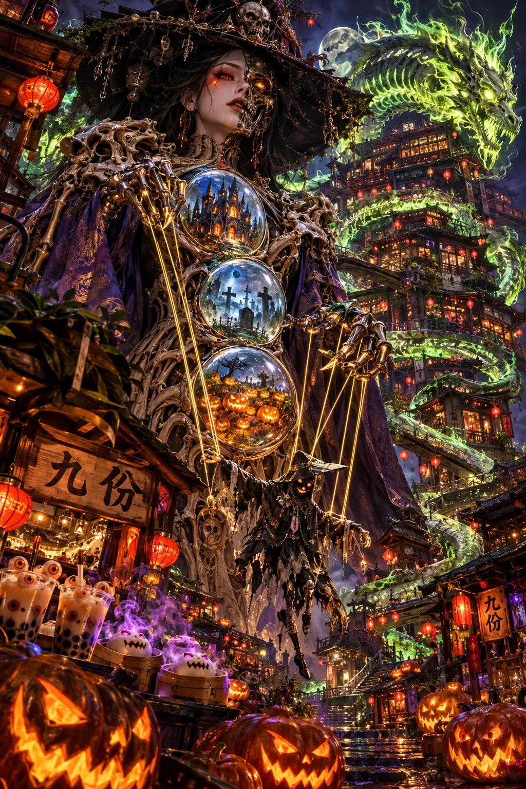 Eine kolossale Hexe beherrscht eine Phantom-Marionette über einer rekursiven Bergstadt