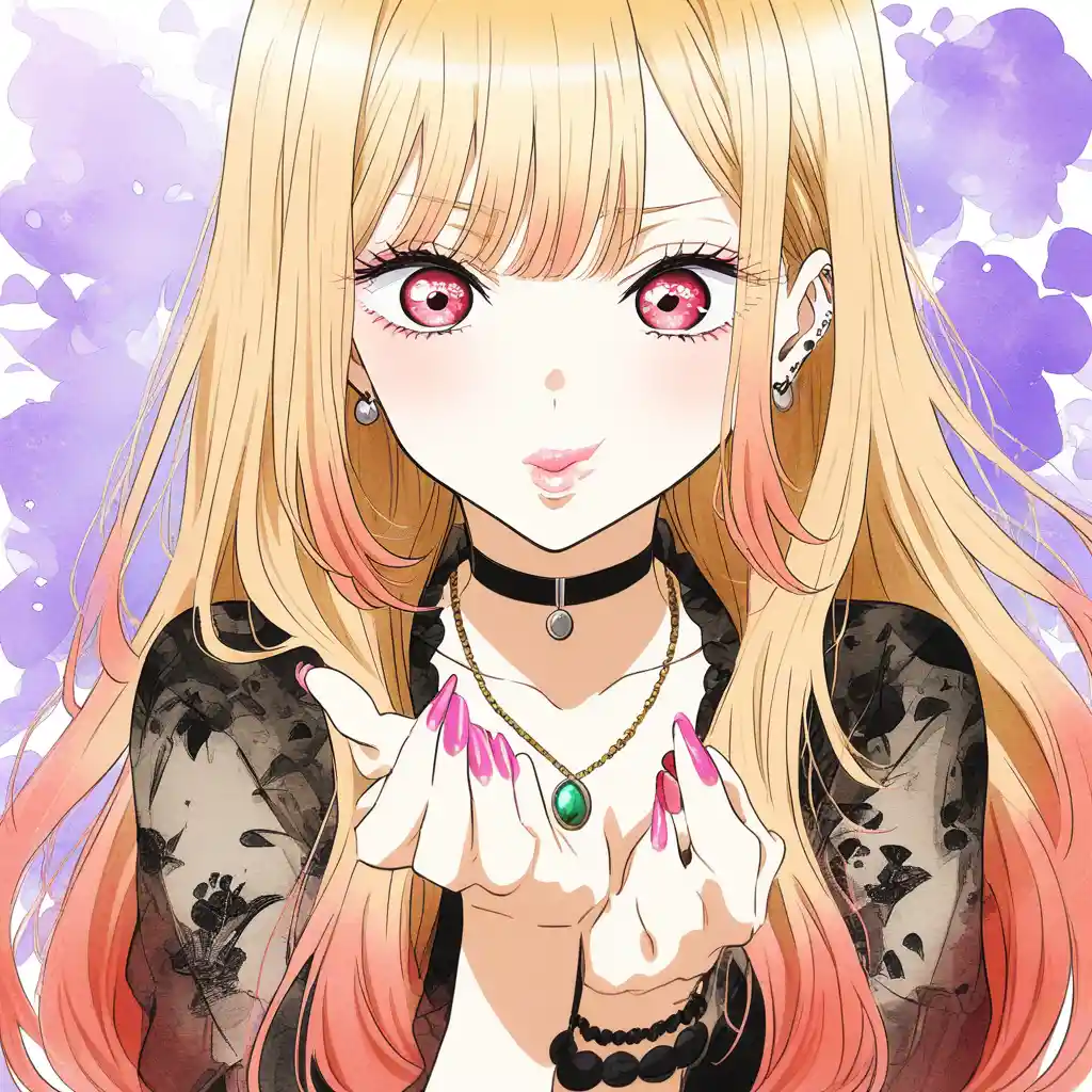 Marin Kitagawa manda um beijo diante de um fundo de sumi-e em aquarela