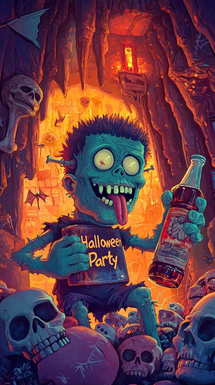 Um monstro de Frankenstein mostra a língua enquanto segura uma cola envenenada