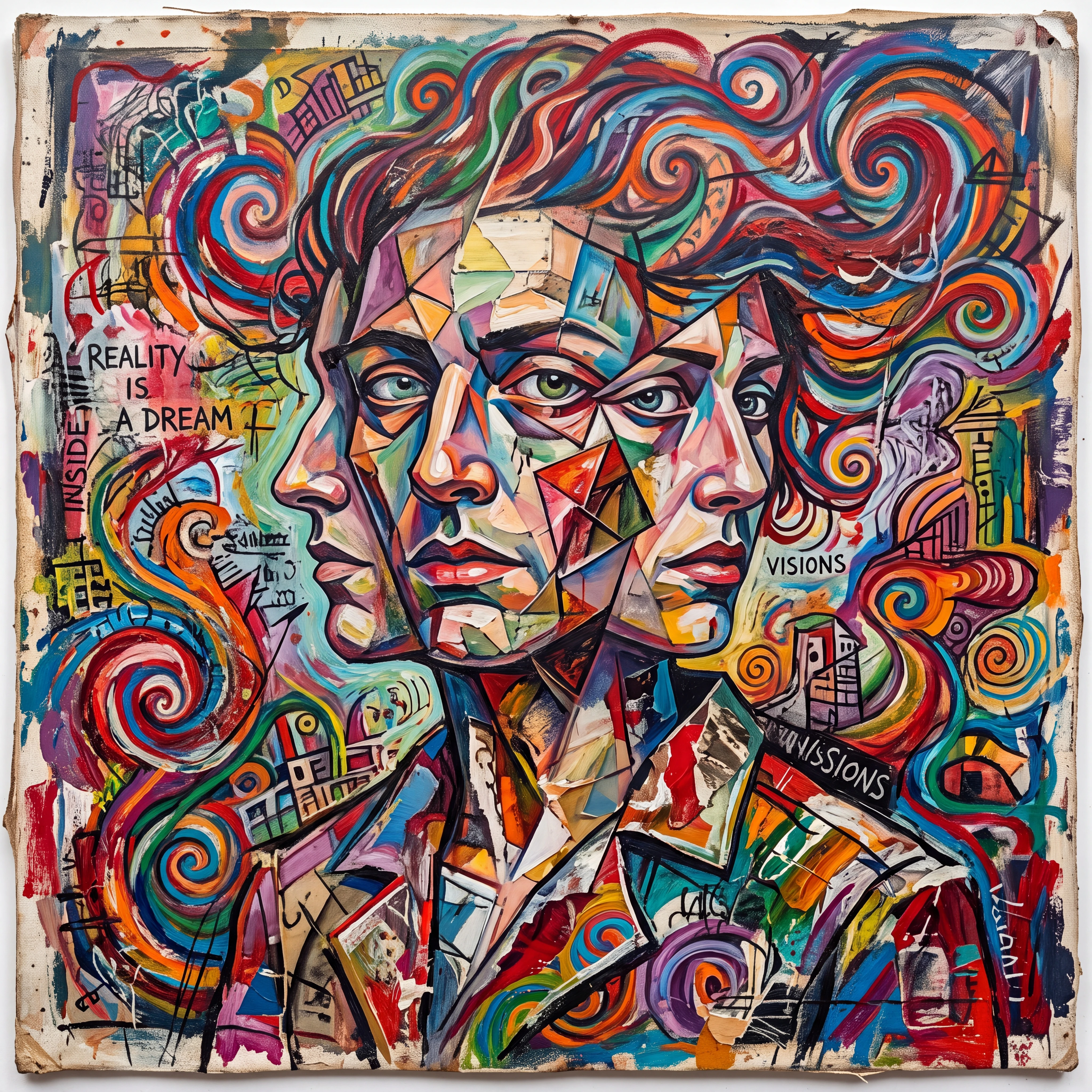 Un portrait sous plusieurs angles mêle formes surréalistes et cubistes dans des couleurs tourbillonnantes