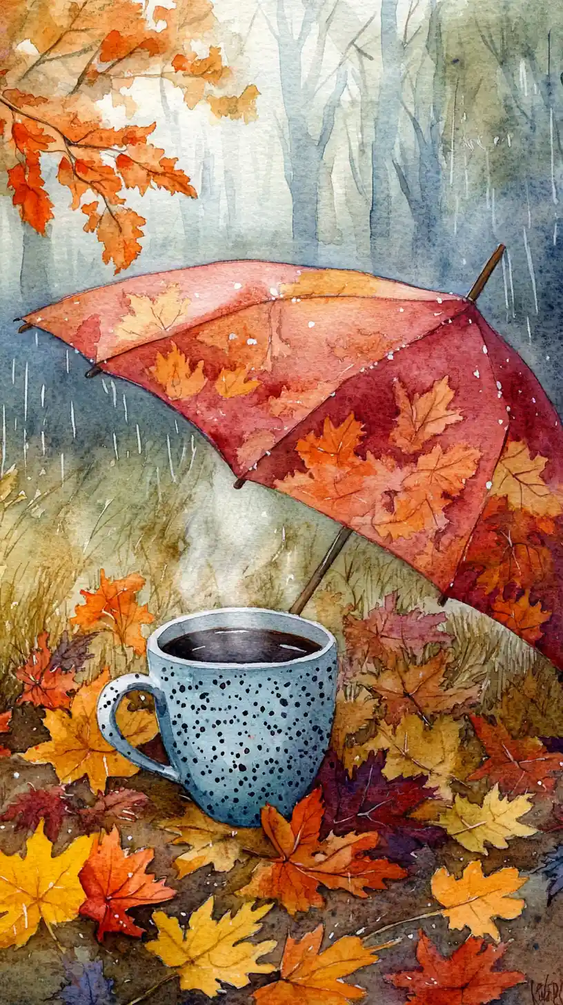 Une tasse de café fumant sous un parapluie rouge à pois sous la pluie d’automne