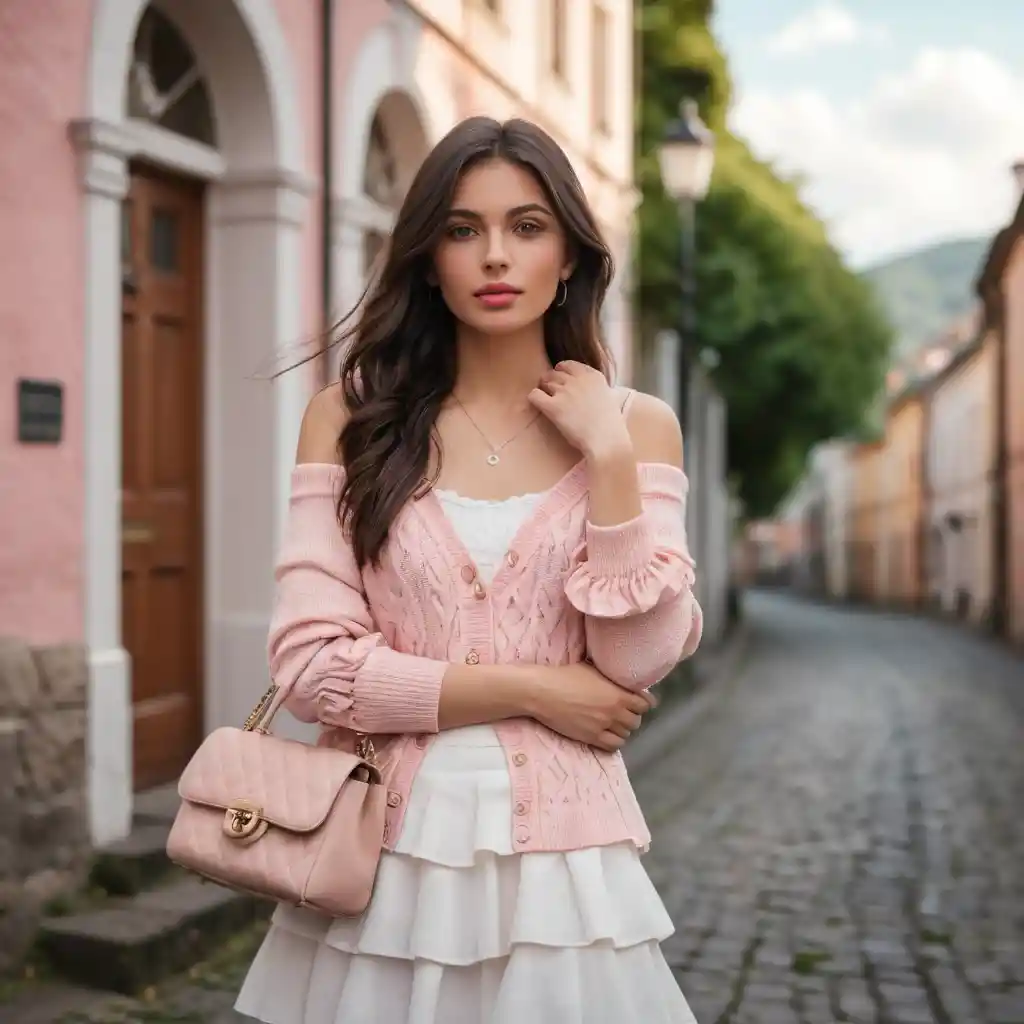 Uma jovem vestida de rosa em uma rua de paralelepípedos
