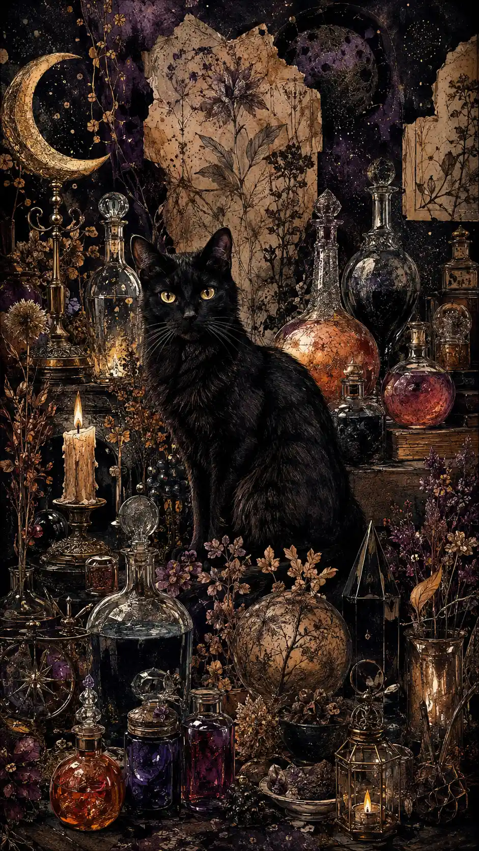 Eine schwarze Katze sitzt zwischen leuchtenden Flaschen in einer Apotheke um Mitternacht