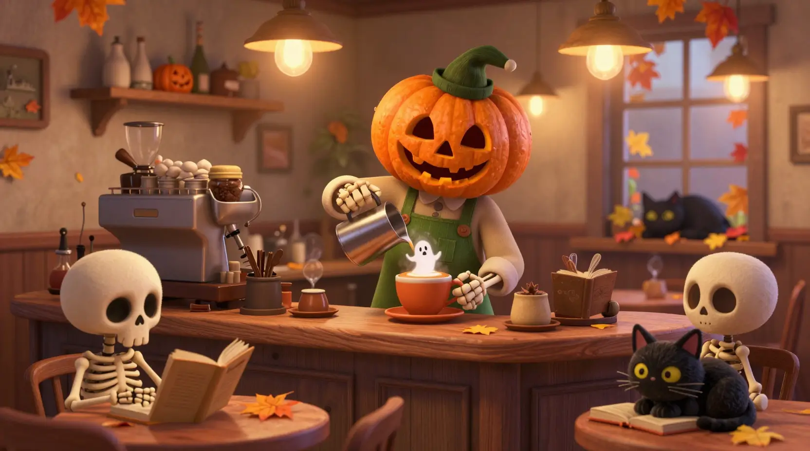 Um barista abóbora de Halloween faz latte art em um café aconchegante