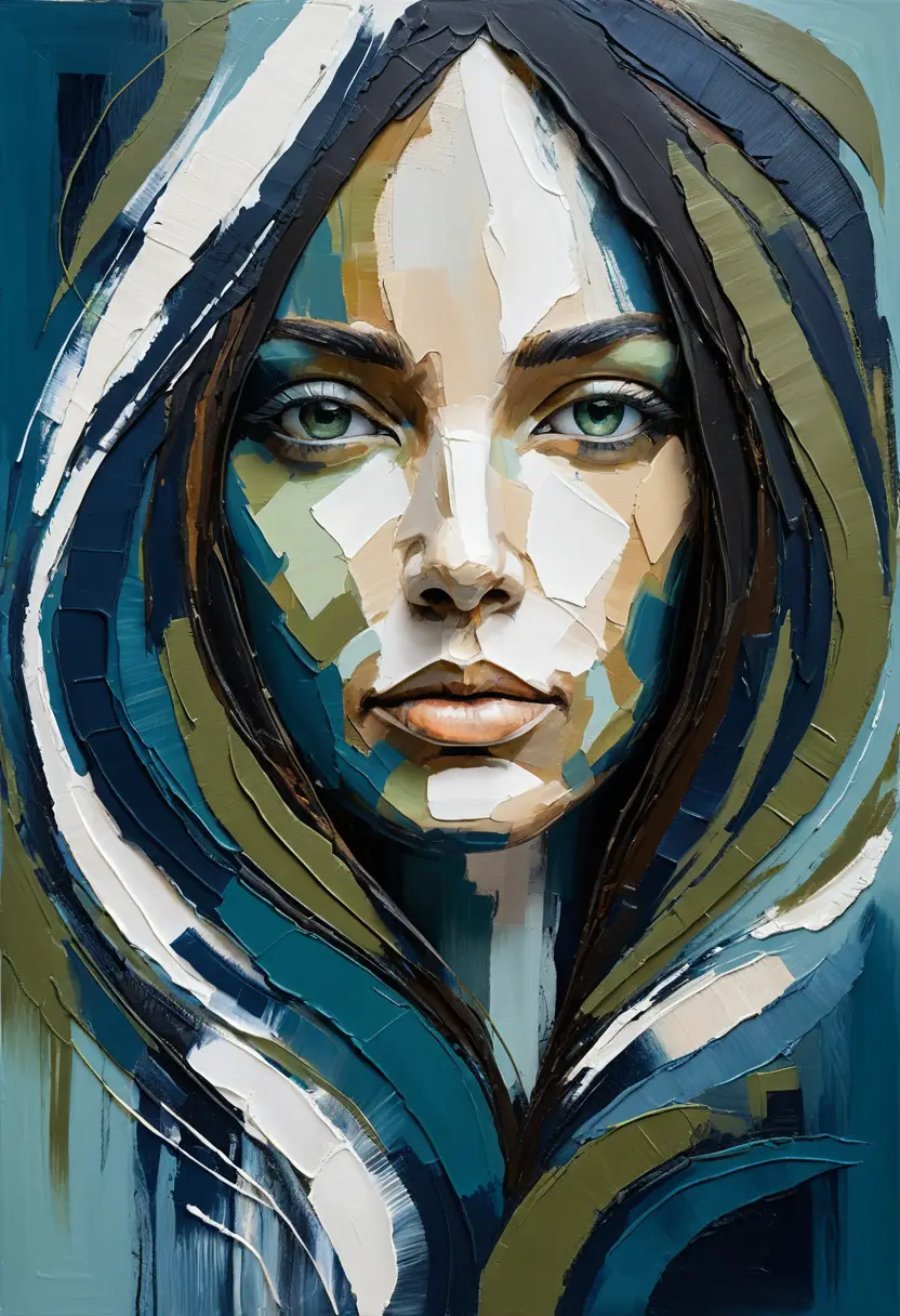 Retrato abstrato com um olho central em pintura texturizada azul e branca