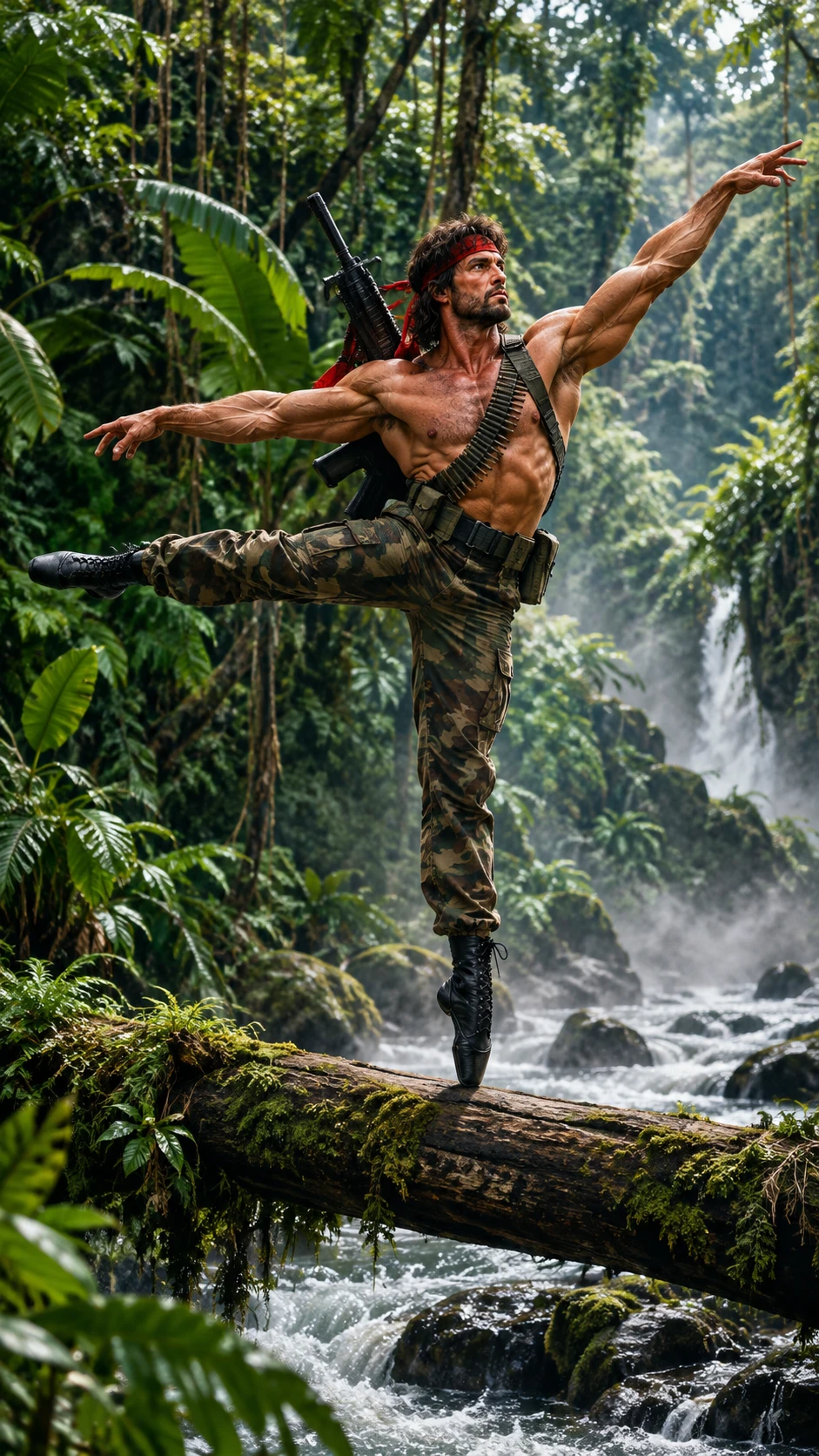 Um comando equilibra-se na ponta dos pés sobre uma árvore caída na selva