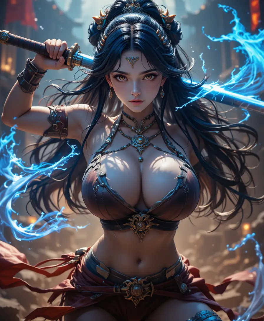 Victorious anime swordswoman wields a katana amid glowing blue magic