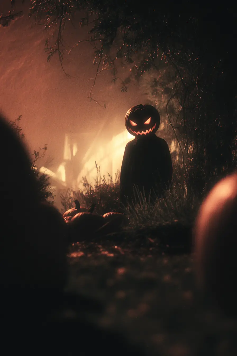 A frightened child runs past crooked pumpkins across a hollow field