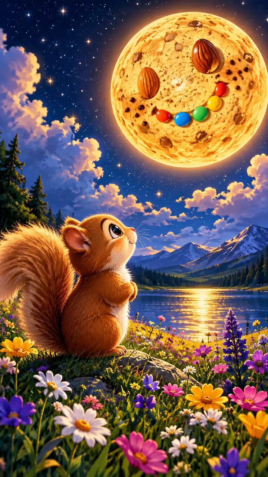 Um esquilo fofinho contempla uma lua-biscoito num prado florido