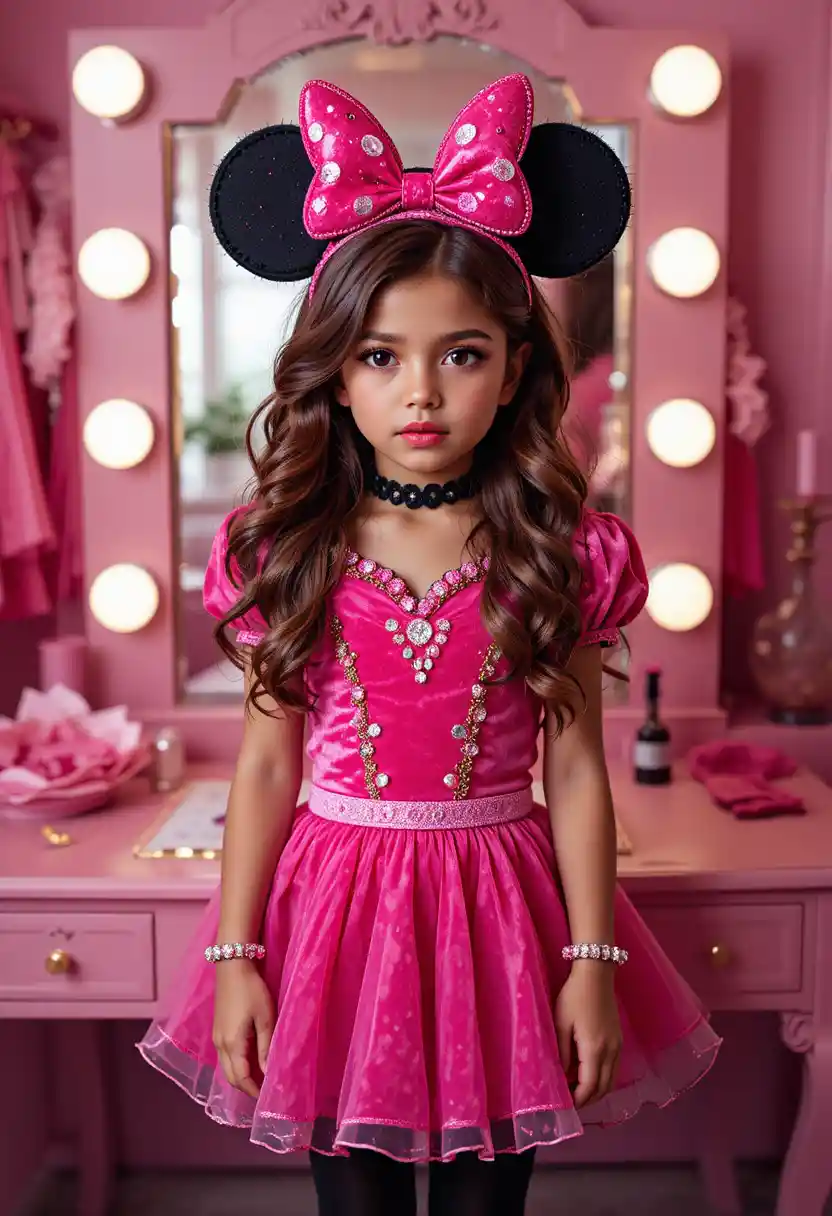 A nervous boy in a princess Minnie Mouse costume stands before a vanity
