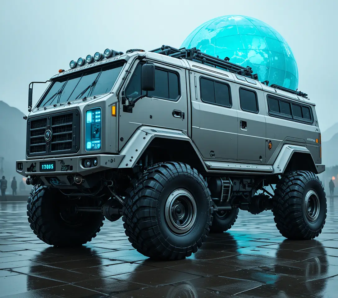Caminhão blindado de expedição sob um globo holográfico brilhante em uma cidade futurista