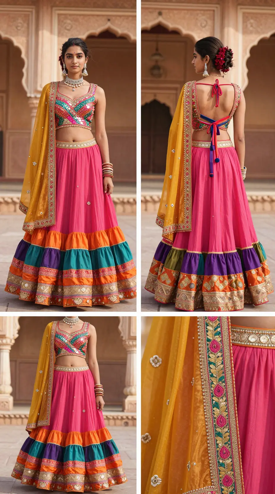 A young Indian woman in a vibrant Navratri lehenga before a Rajasthani palace