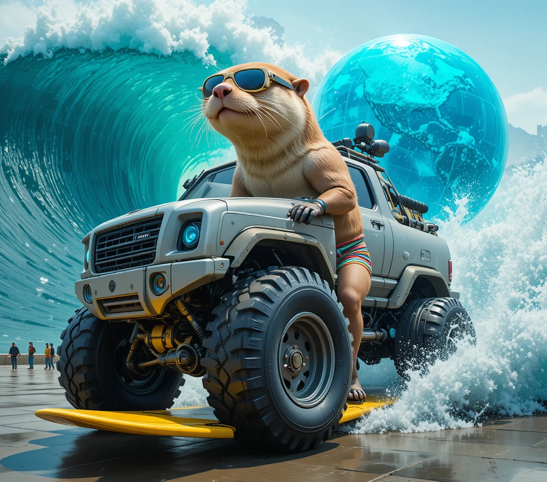 Ein verspielter Otter surft auf einem gelben Surfbrett durch eine türkisfarbene Welle