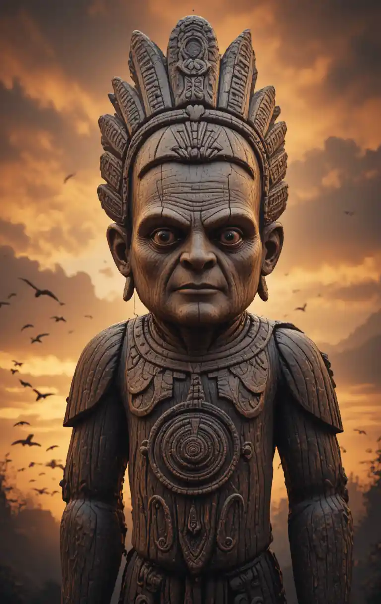 Uma escultura de madeira desgastada, com um rosto esculpido, diante de um céu dramático