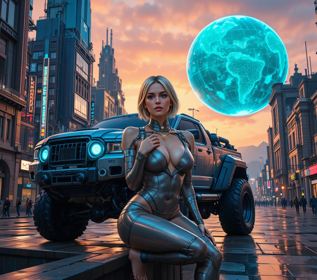 Uma mulher com armadura futurista senta-se acima de uma rua da cidade ao pôr do sol
