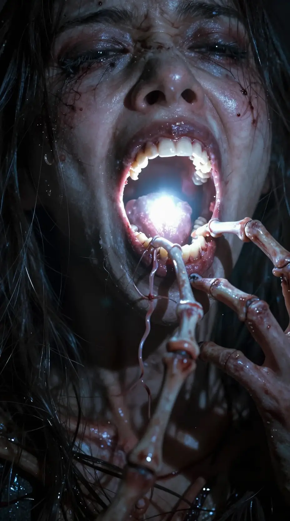 A terrified woman reveals a grotesque teratoma inside her mouth