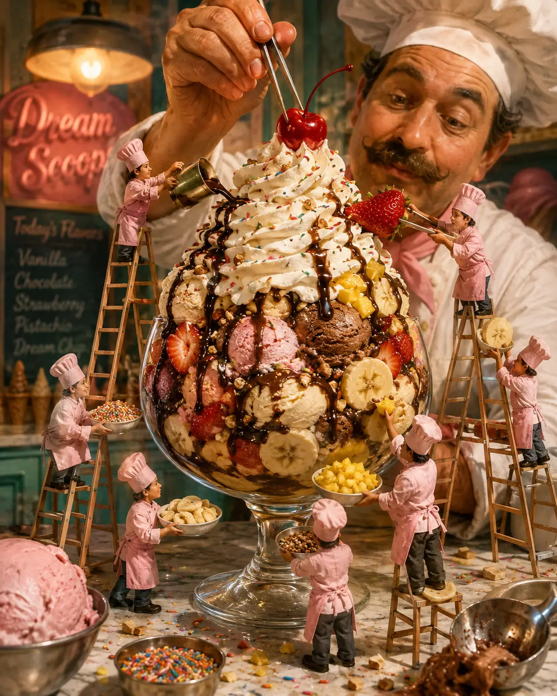 Mini chefs decoram um sundae de gelado imponente numa taça