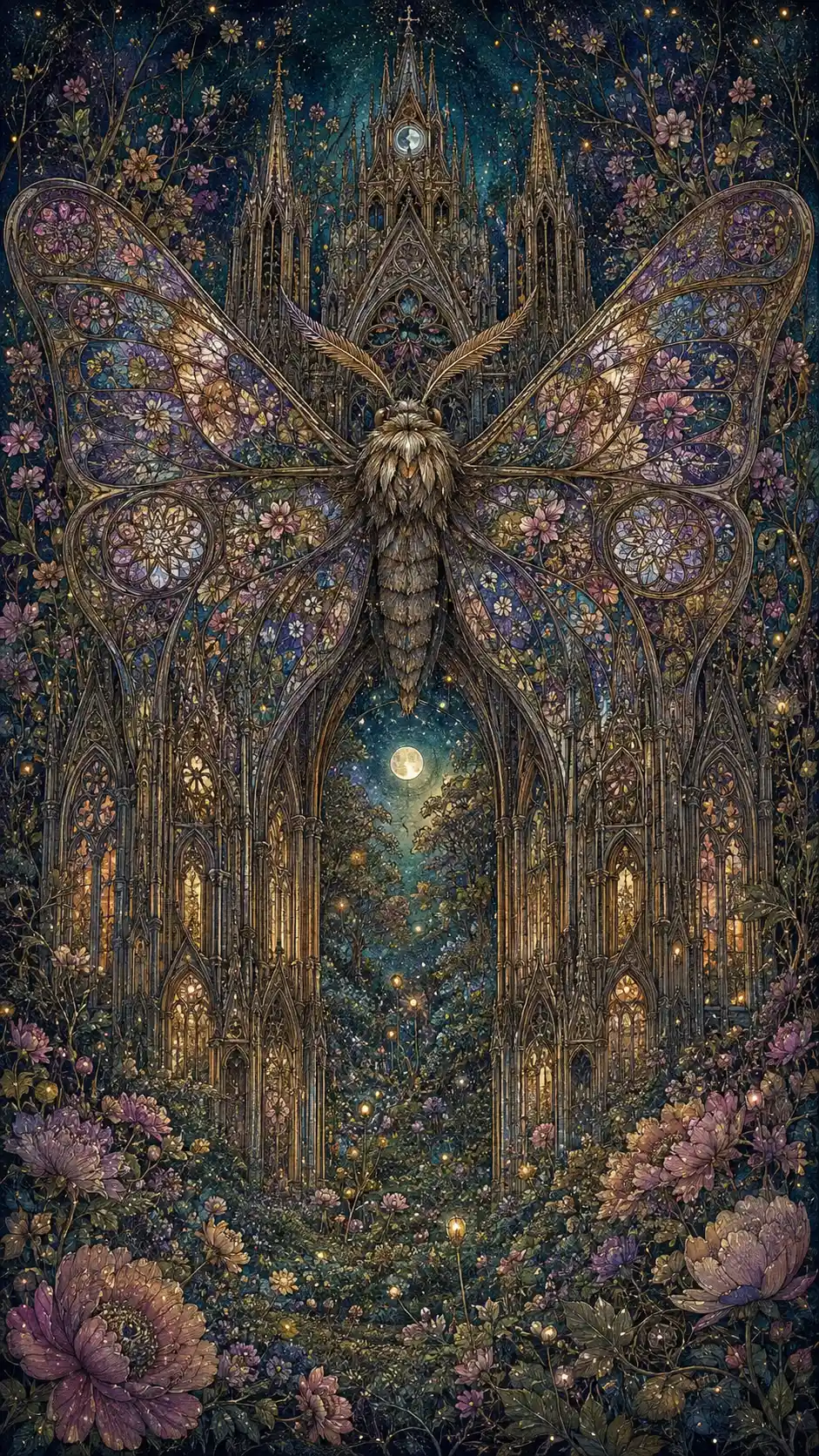 Uma mariposa colossal paira diante de uma antiga catedral gótica