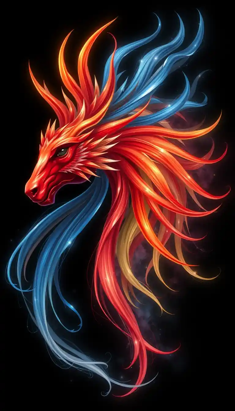 Un gallo di profilo con piume fluenti blu, gialle e rosse