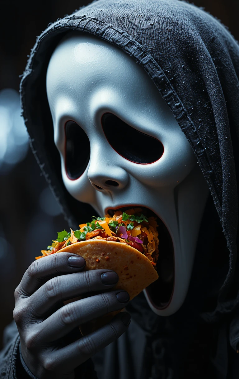 A smiling masked figure eats a plump stuffed taco up close