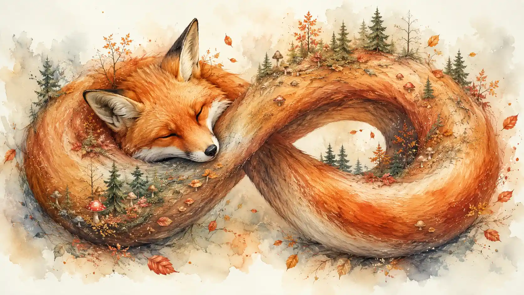Ein schlafender Fuchs kringelt sich zu einer unmöglichen herbstlichen Möbiusschleife