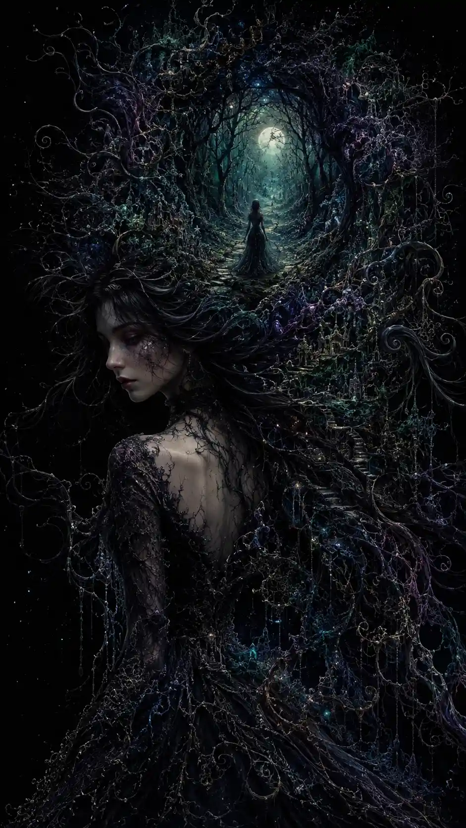A gothic woman stands still as her flowing hair becomes an ancient forest