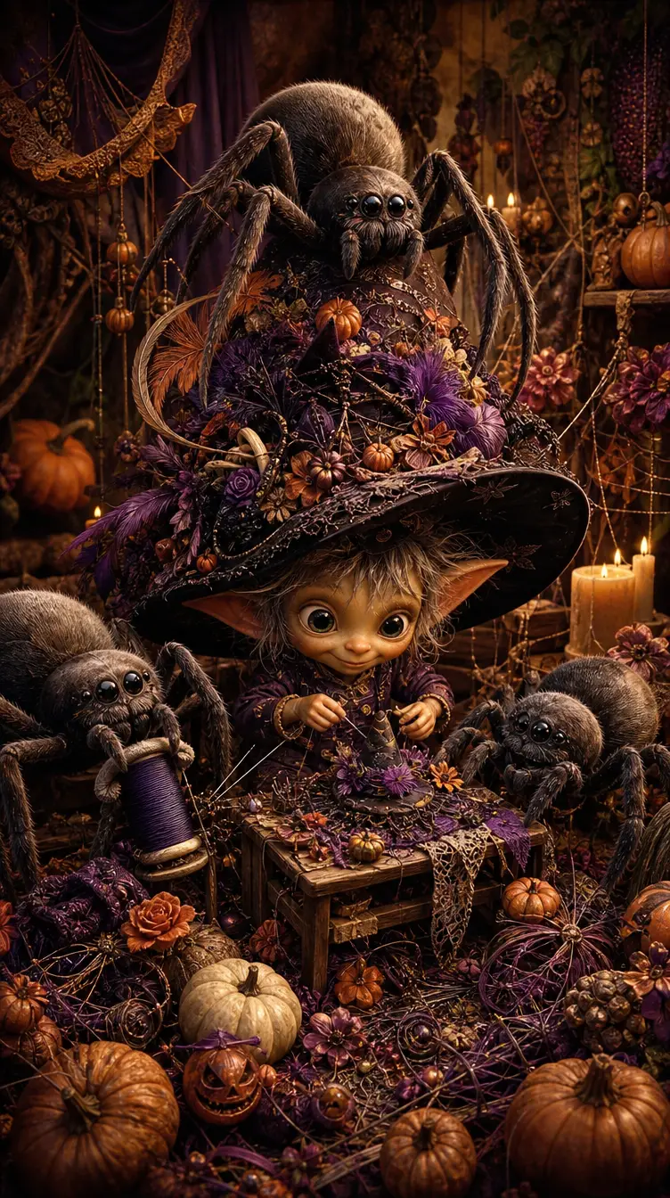 Un duende crea sombreros de Halloween con arañas en un acogedor taller