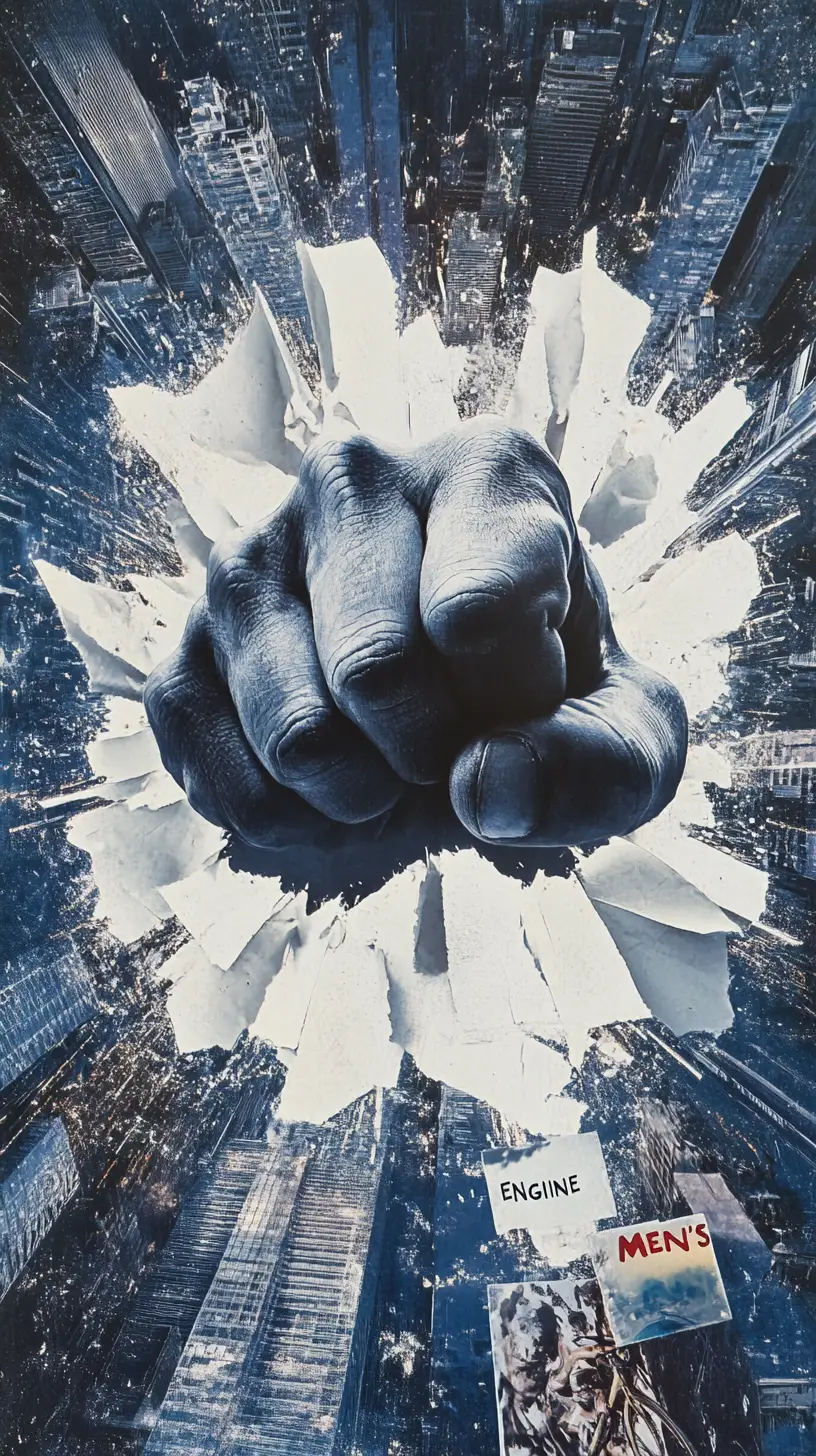 Eine kraftvolle Faust durchbricht zerrissenes Papier in einer filmreifen Collage