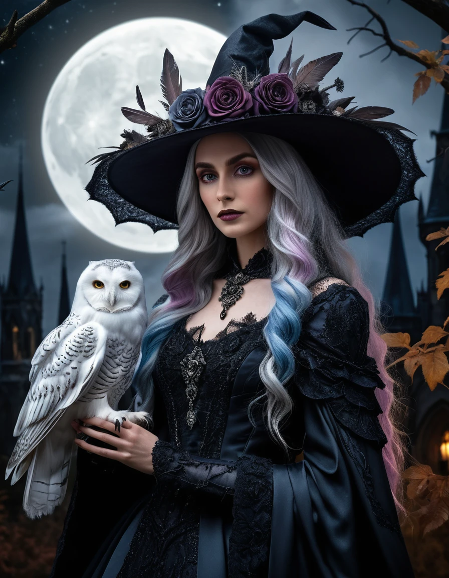 A young witch with rainbow hair and owls in a moonlit forest
