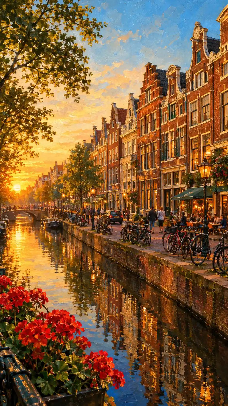 Amsterdam canal houses beside reflective water at golden hour