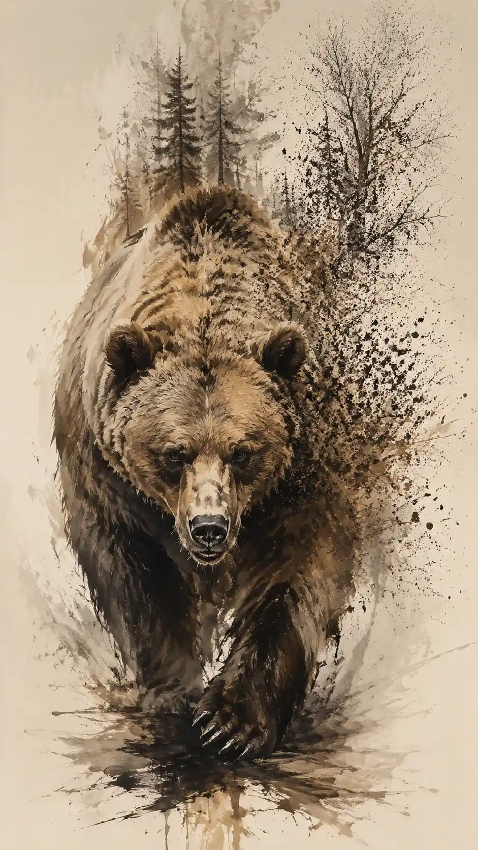 A brown bear walks through an open ivory field
