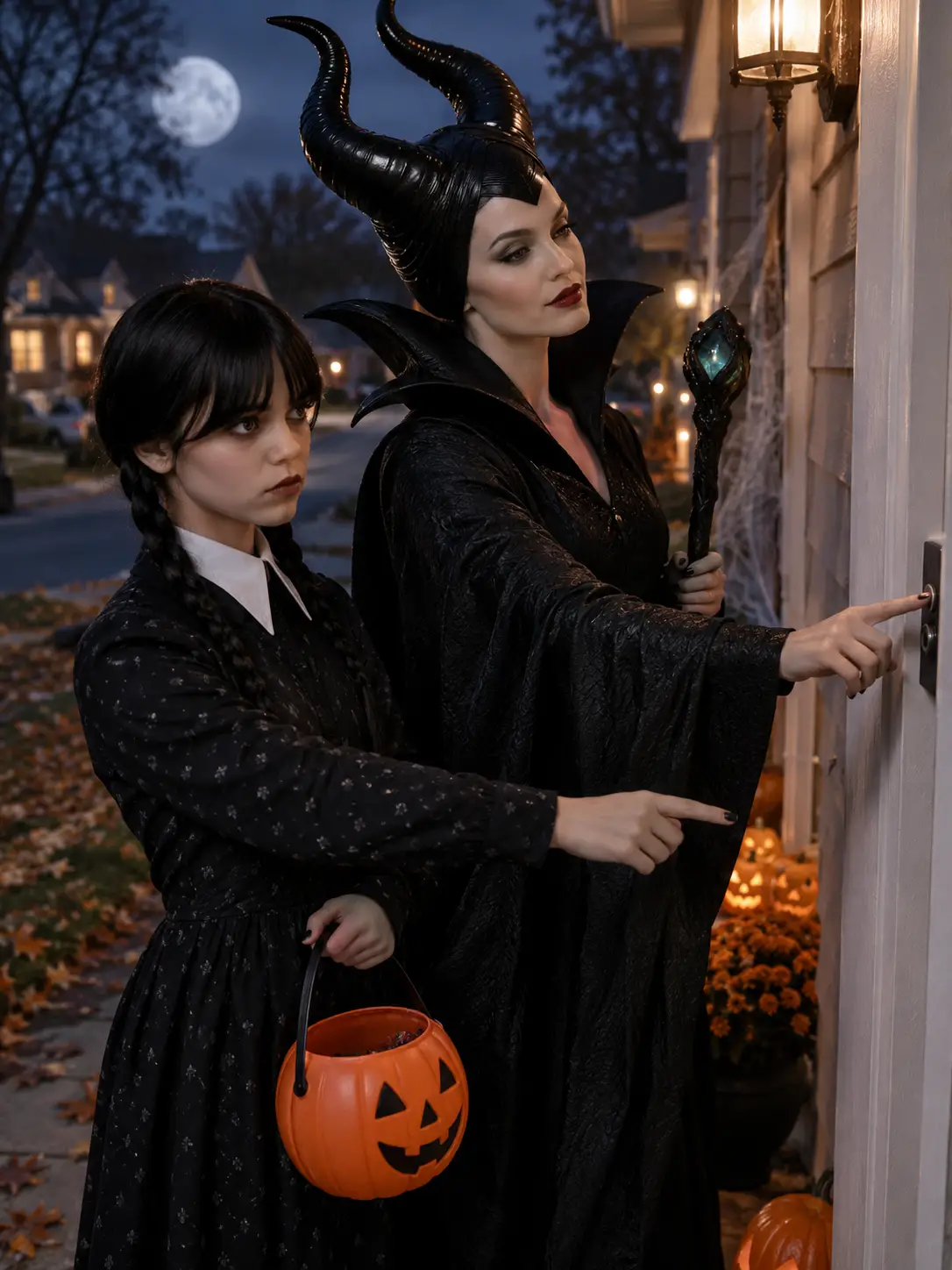 Wednesday Addams and Maleficent go trick-or-treating from house to house