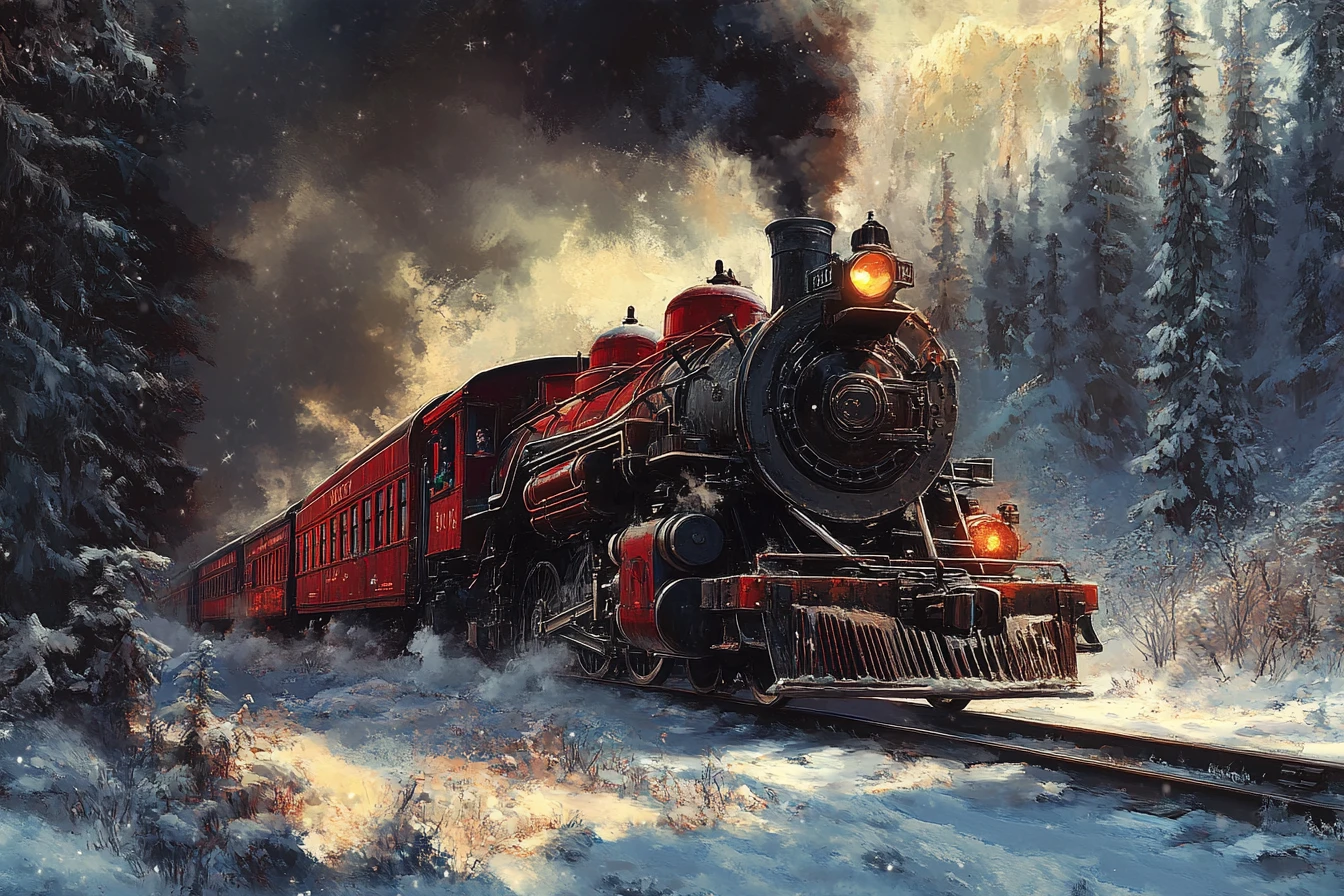 A crimson gothic train glides through a winter forest