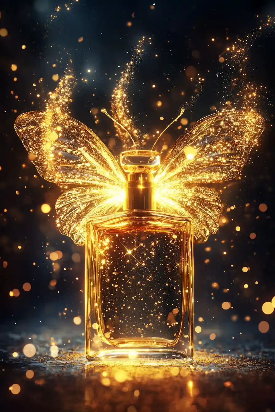 Ein goldener Parfümflakon erstrahlt, während funkelndes Licht einen Schmetterling formt