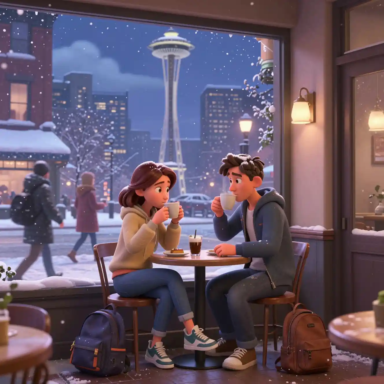 Ein Mann und eine Frau trinken an einem verschneiten Abend Kaffee in einem Straßencafé in Seattle