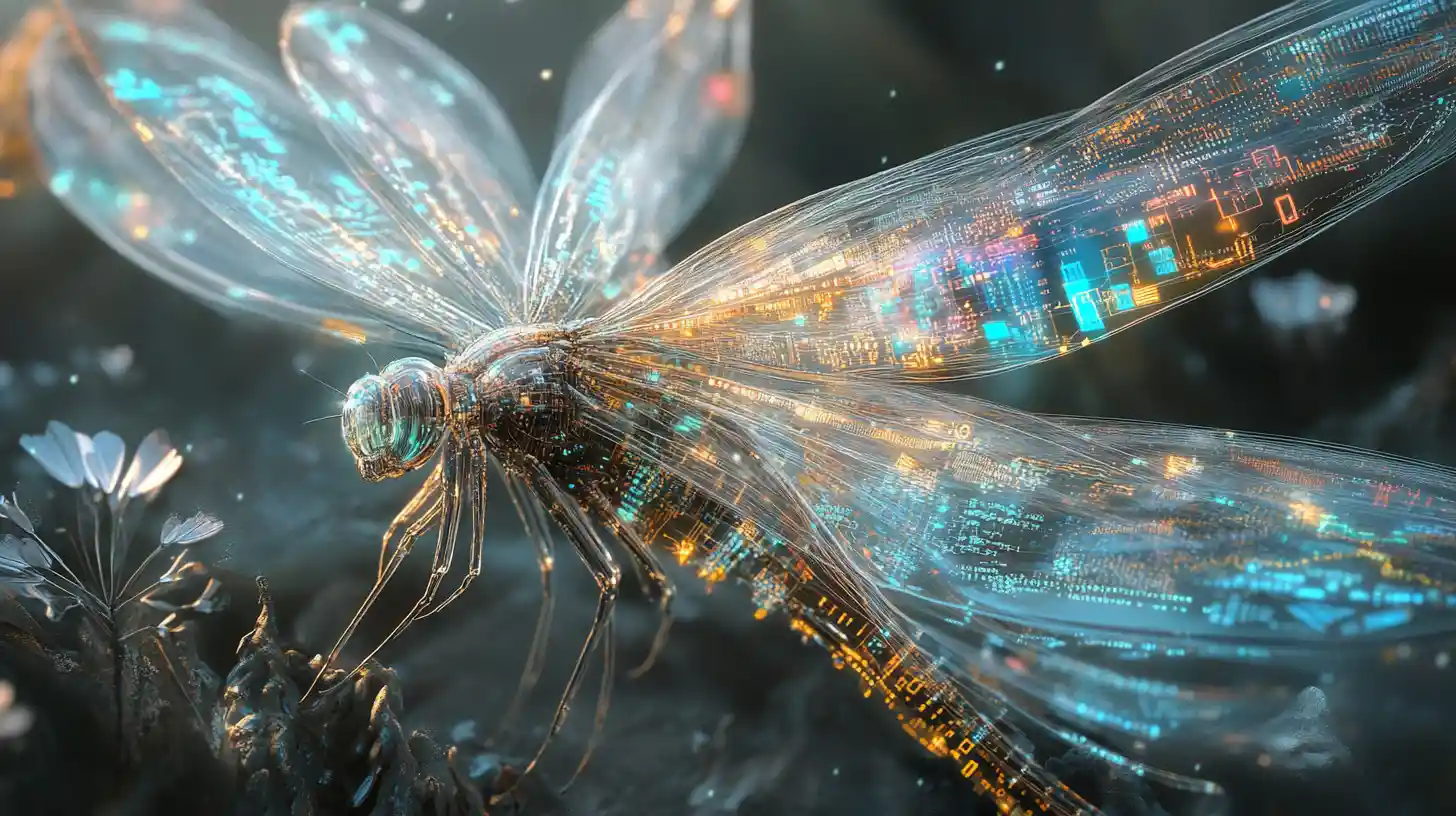 Une libellule aux ailes transparentes ornées de motifs de données lumineux