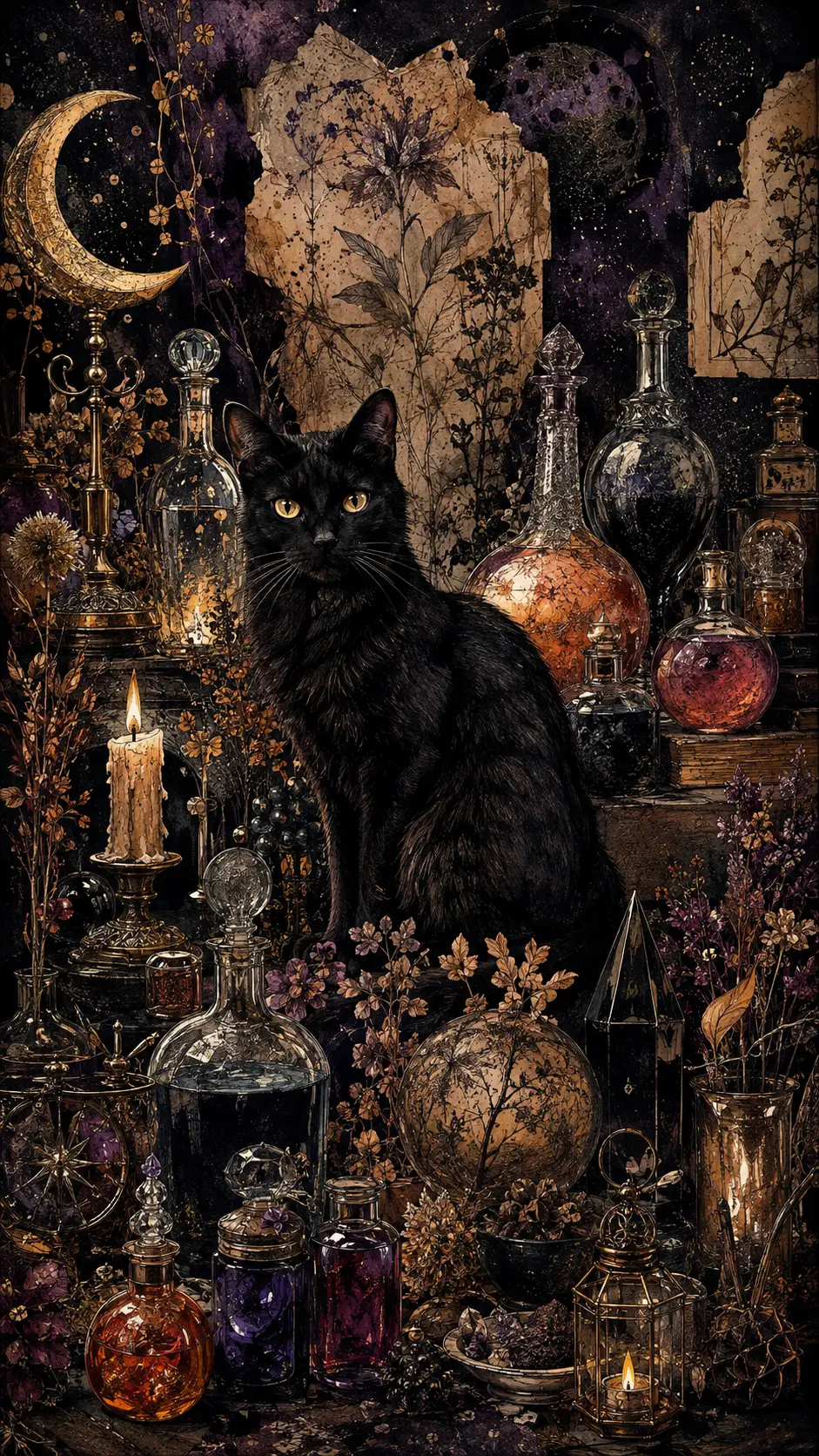 Eine schwarze Katze sitzt zwischen leuchtenden Flaschen in einer Apotheke um Mitternacht